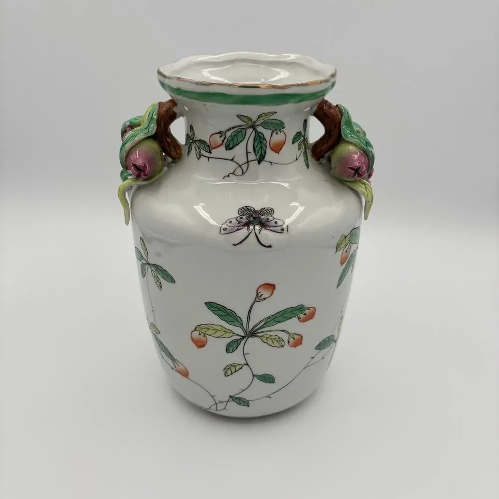 Vintage Chinoiserie Famille Rose Porcelain Butterfly & Pomegranate Handle Vase